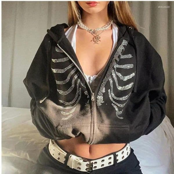 Women's Hoodies Rhinestone Skeleton Women Gothic Black Zip Up Oversized Sweatshirts Female Retro Harajuku Hooded Jacket Streetwear