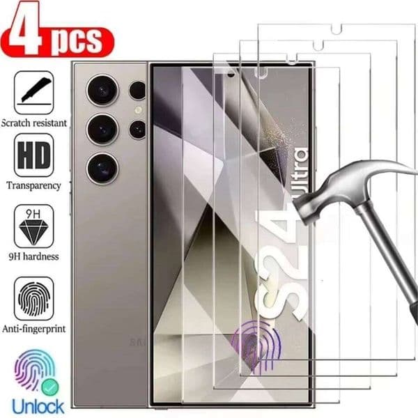NNBILI 4PCS Full Cover Tempered For Galaxy S25 S24 Ultra Fingerprint Screen Protector S26 Protective HD Glass 26L0325