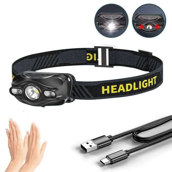 Cross-Border Head-Mounted Flashlight Outdoor Red LED Strong Light Long Battery Life Night Fishing Charging Induction Headlight Who