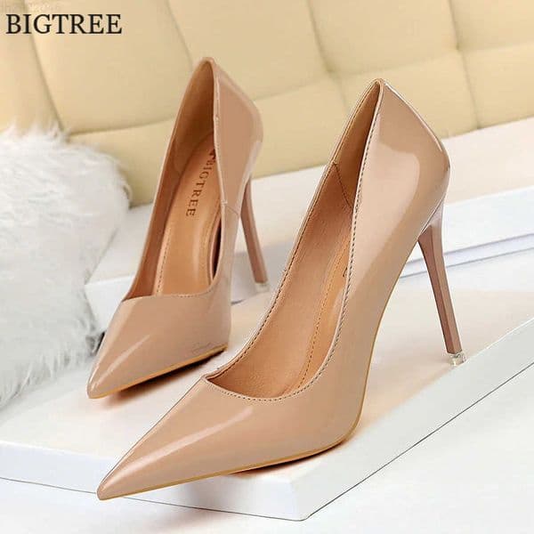 Autumn Patent Leather Concise Womens Shoes Pointed Toe Office High Heels Pumps Women Sexy Party Wedding Shoes Shallow Nude Red K260325