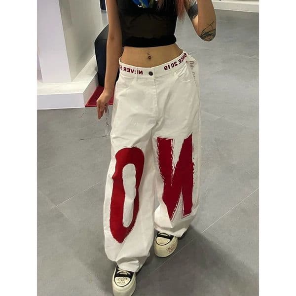 ZHIZOU Women White Letter Print Y2k Baggy Jeans 2000s Style Denim Trouser Harajuku Vintage Oversize Hip Hop Jeans Pants Autumn 260324