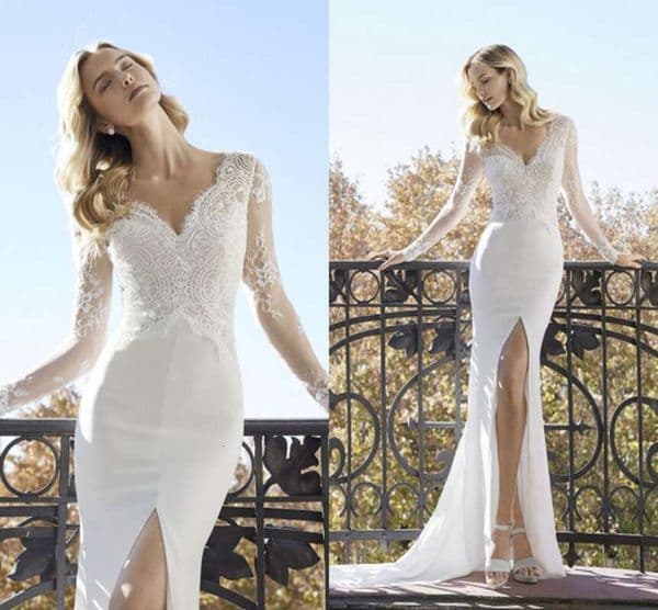 Sexy High Slits Mermaid Dresses V-neck Long Sleeve Lace Appliqued Bridal Gowns Dubai Boho Wedding Gown vestido de noiva