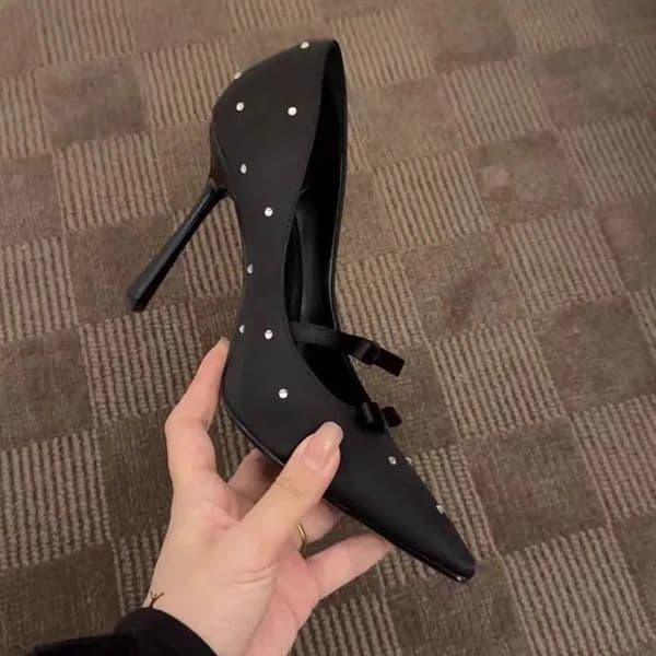 Polka Dot French Bow Square Head Black Rhinestone Single Shoes Womens Shoes High Heels 260323