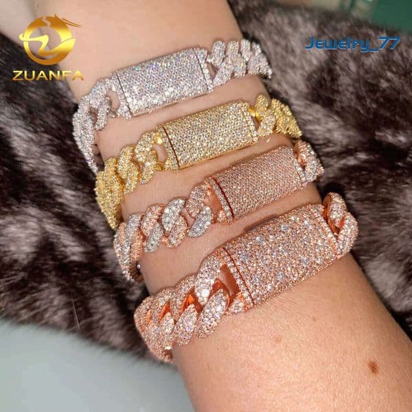 Mosaic 14Mm Zuanfa Jewelry Setting Miami 925 Solid Silver Cuban Link Chain Moissanite 2 Tone Jewelry