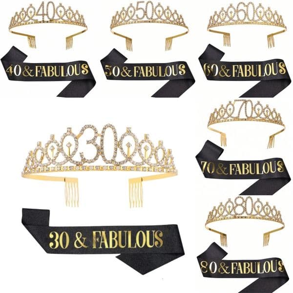 Birthday Tiara Crown Sash Women Girls 30Th 40Th 50Th 60Th 70Th 80Th Fabulous Happy Party Decoration Favor Gifts 260325