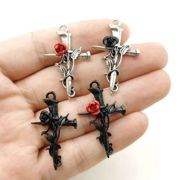 Cross-Border New Hip-Hop Retro Thorn Rose Flower Nail Cross Pendant DIY Alloy Jewelry Accessories