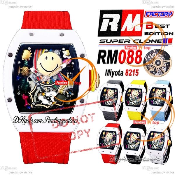 088 Tourbillon Miyota 8215 Automatic Mens Watch White Ceramic Rose Gold Skeleton Dial Red Nylon Strap Puretimewatches Reloj CHS A03