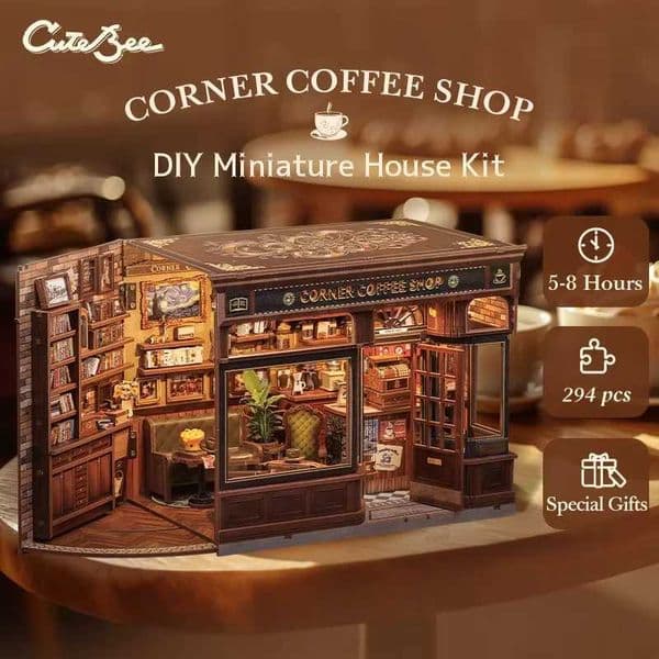 CUTEBEE Book Nook Kit DIY Doll House with LED Light Bookshelf Insert CORNER COFFEE SHOP Miniature Model For Birthday Family Gift X260325