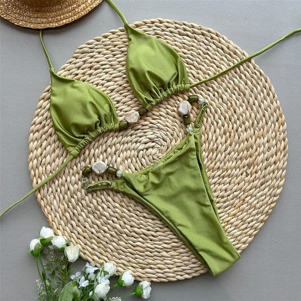 Solid Green Swimwears Sexy Halter Triangle Bead String Bikini Mini Micro Thong Swimsuit Woman 2026 Summer Brazilian Bikinis Sets 260324BJ