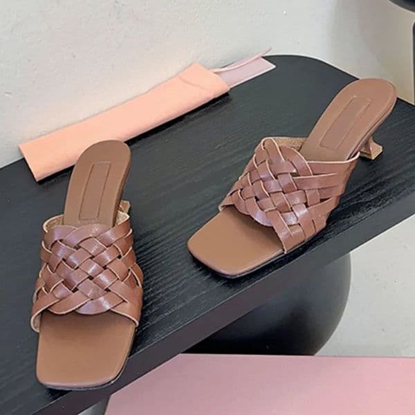 Designer Leather Heels Woven Open Toe High Heeled Mules Square Toe Strap Summer Heel Sandals1054