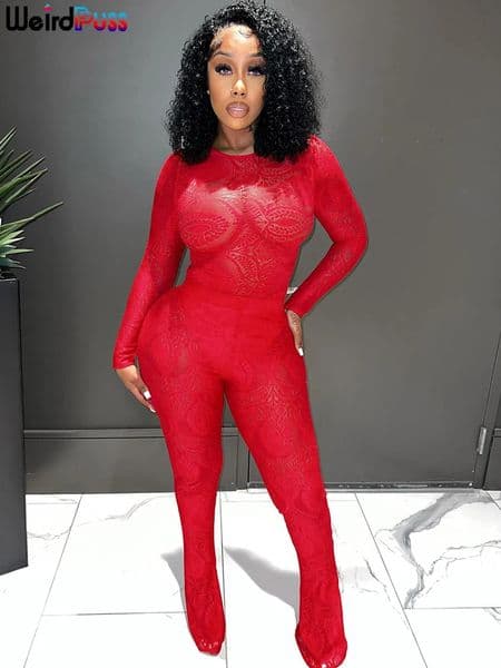 Weird Puss Lace Sheer Women 2Piece Set Hollow Out BodysuitHigh Waist Flare Pants Autumn Hipster Club Street Sexy Matching Suits 260324