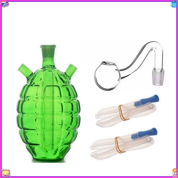 Mini Travel Green Colorful Grenade Shape Glass Oil burner Bong Perc Heady Water Pipe Smoking Bubbler Shisha Hookah with smoking bowl and silicone Hose thumbnail 2