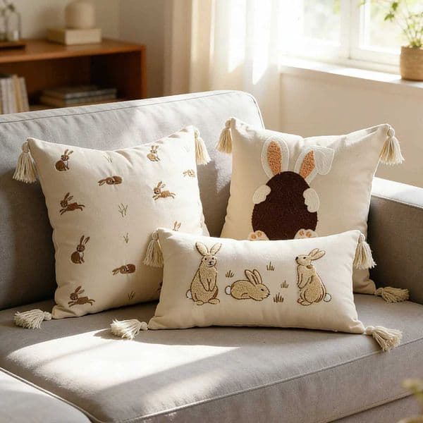 New Easter Bunny Towel Embroidered Pillow Cover Cojines Spring Garden Outdoor Cotton and Linen Embroidered Throw Cushion Cover H260325
