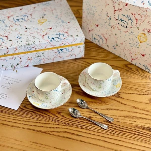 Elegant Printed Design Ceramic Coffee Set: Matching Pairs of Mugs, Saucers & Spoons in a Stylish Gift Box