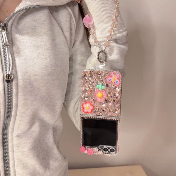 Luxury Glitter Rhinestone Flowers Plastic Phone Case For Samsung Galaxy Z Flip 3 4 5 6 7 Cover
