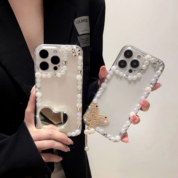 Luxury Love Heart Makeup Mirror Bling Diamond Case For iPhone 17 16 15 14 11 12 13 Pro Max X XR XS 7 8 Plus Flower Crystal Bracelet Pendant