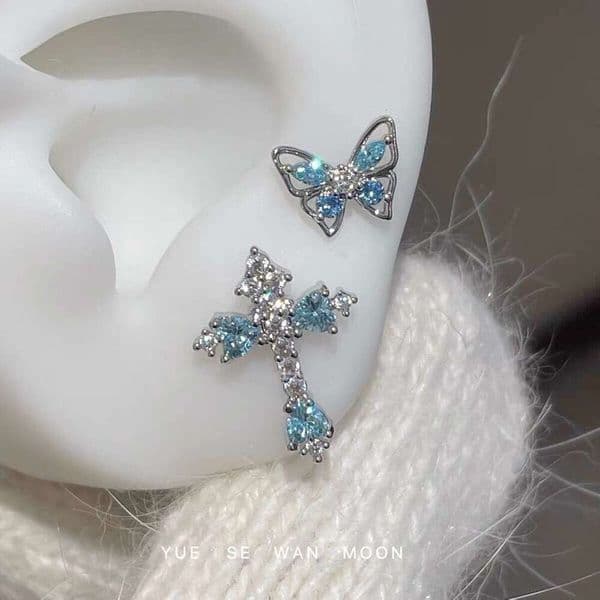 Blue Butterfly Cross Zircon Titanium Steel For Women, Super Shiny Exquisite Studs, Versatile And Fashionable Double Ear Piercing Earrings