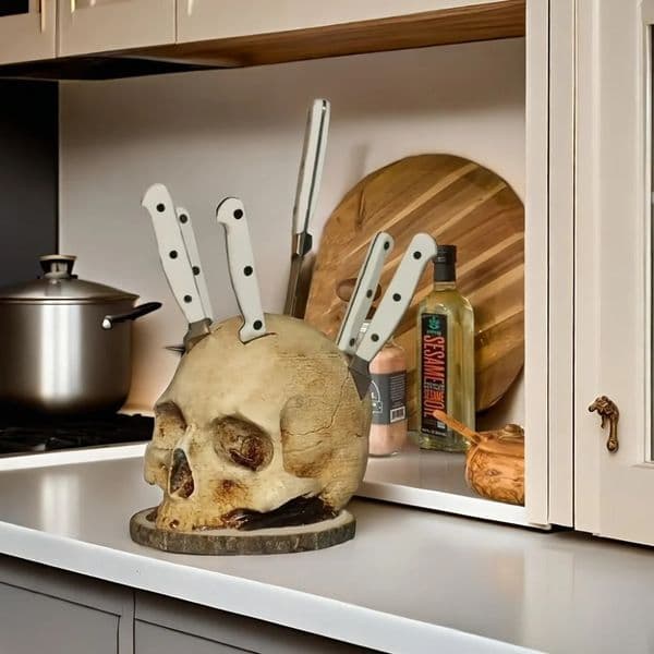 Kitchen Knives Holder Skull Skeleton Knives Stand Scary Party Storage Rack Decor Horror Head Organizers Rack Kitchen Accessories 260324