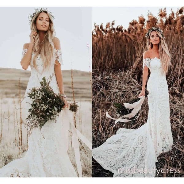 2018 Lover Society Mermaid Wedding Dresses Modest Civil Vintage Crochet Lace Off Shoulder Country Farm Garden Boho Fishtail Bridal Dress ZD10