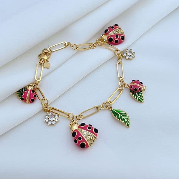 Real 18K Gold Plated Ladybug Flower CZ Charm Bracelet KS Gift New York With Free Dust Bag SZ0945
