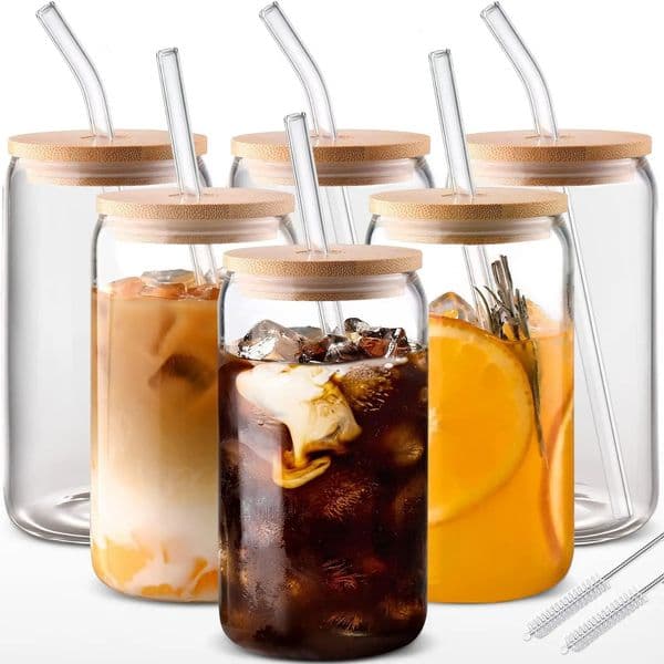 6pcs 186oz550ml Drinking Glasses with Bamboo Lids and Glass Straw Cups Beer Ice Coffee Cute Aesthetic Cup Grea 260325