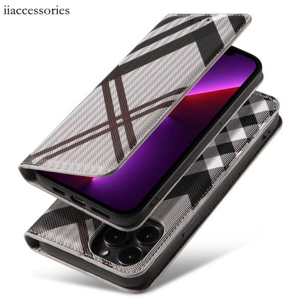 Designer model for iPhone17 13 leather mobile phone Apple 14 nows plaid clamshell case 6b