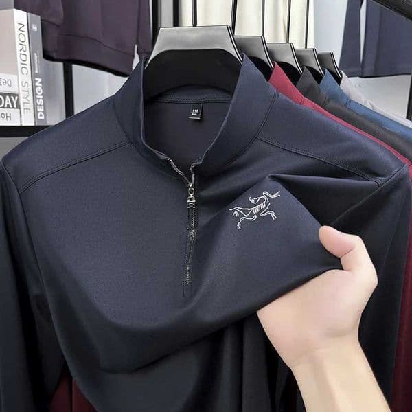 High End Quality Mens Semi High Neck Zipper T-shirt Simple Solid Color Letter Print Long Sve Autumn Versatile Trend Menswear L260325