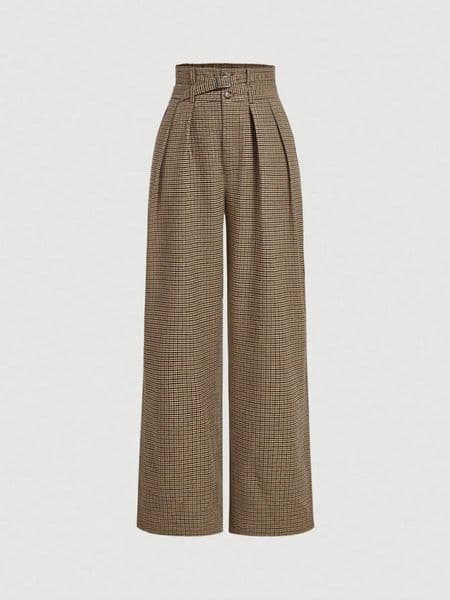 Womens plaid wideleg trousers retro highwaisted casual cargo style with belt 260325BJ