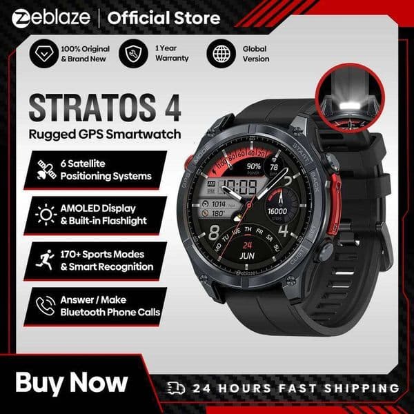 NEW Zeblaze Stratos 4 GPS Smart Watch 1.43 AMOLED Display Built-In Compass Barometric Altimeter Flashlight Voice Call Smartwatch