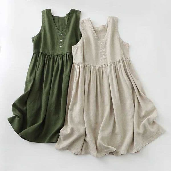 2026 New Womens Cotton Linen Sleeveless Dress Casual V Neck Button Down Loose Midi Dresses for Summer Womens Casual Dresses D260324