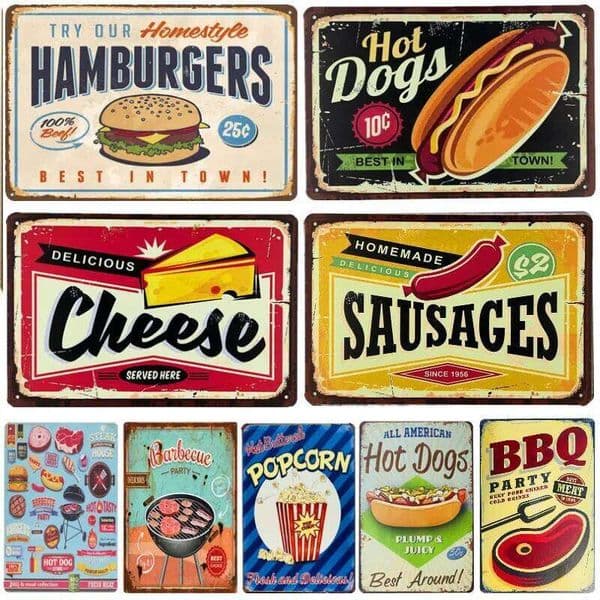 Hamburgers Metal Tin Signs Hot Dogs Printed Vintage Poster Kitchen Decor Fast Food Shop Plaque Wall Art Iron Plate Painting 26Y0325