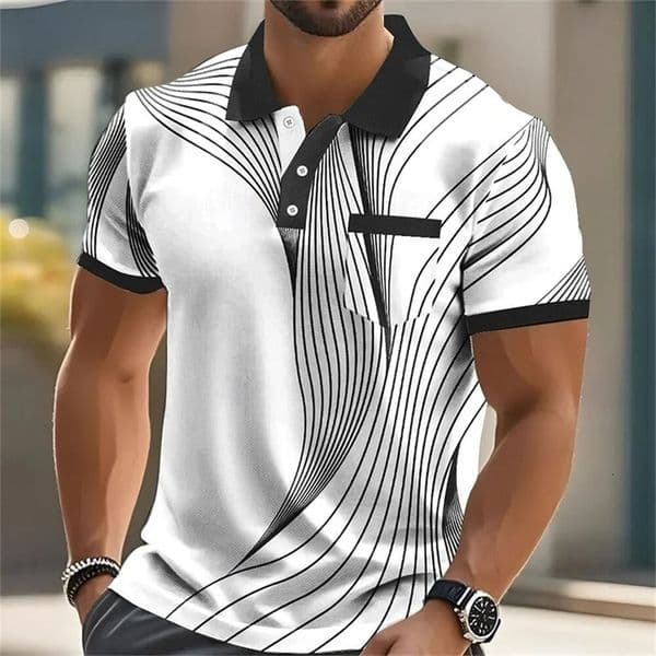 Fashionable summer short-sleeved mens polo shirt with 3d printed stripes mens lapel high-quality mens shirt casual wear 260305ww