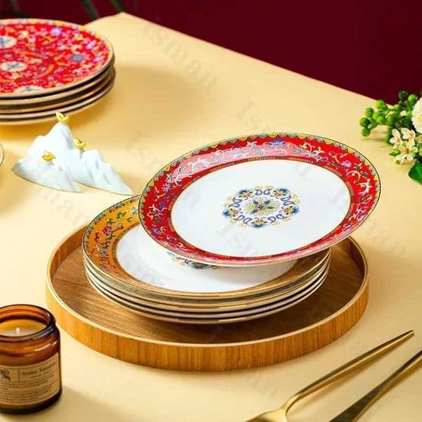 Light Luxury Gold Stroke Ceramic Dinner Plate Flower Relief Enamel Dish Bone China Western Plates Dishes Household Tableware V5P L260527