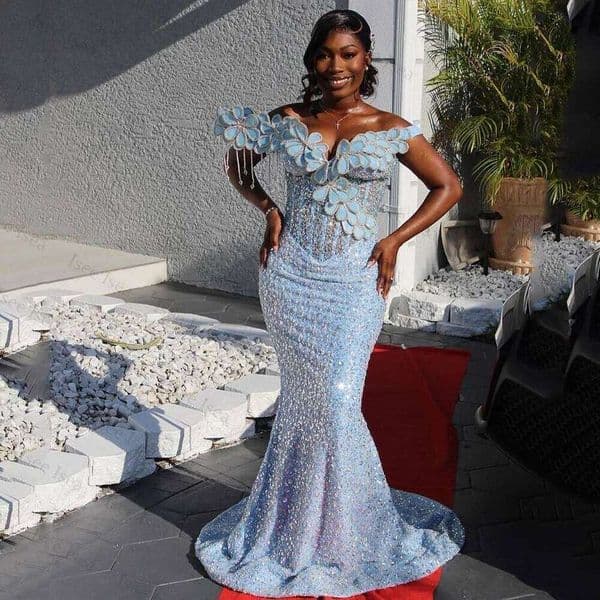 Light Blue Prom Customized Crystals 3D Floral Off Shoulder Mermaid Evening Dresses for Black Girls Plus Size Nigeria Gowns thumbnail 2