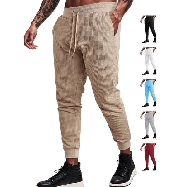 European And American Men's Summer Sports Casual Loose Breathable Solid Color Waffle Men's Drawstring Long Pants Essential Pants Casual Pants