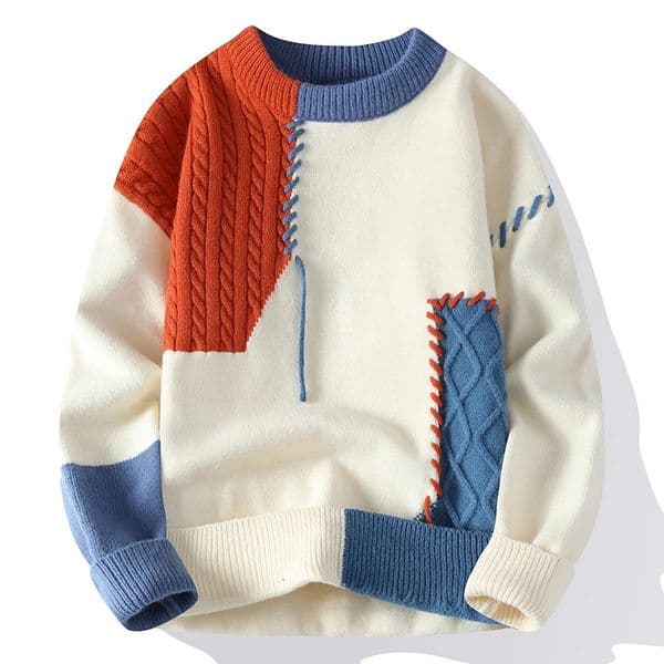 Autumn Winter Warm Mens Knitted Sweaters Fashion Patchwork O Neck Knit Pullovers Korean Streetwear Pullover Casual Mens Clothing 260321