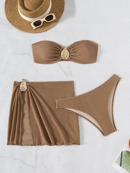 Sexy Bandeau Bikini Women Coffee Metal Water Droplet Ornament Push Up Mesh Skirt 3 Piece Swimsuit Beach Bathing Suit Swimwear 260324BJ