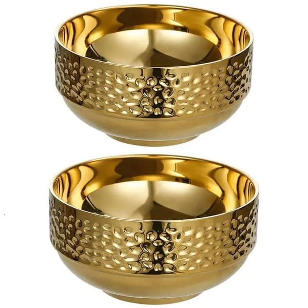 Household 304 Stainless Steel Rice BowlGolden Korean Style Soup Salad BowlDoublelayer Hammer Patterned BowlKimchi Bowl15cm 260325