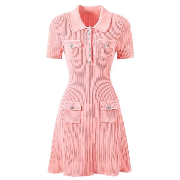Summer Autumn Short Sleeve Knitted Sweater Dress Women Single Breasted Pearl Crystal Knitting Polo Dresses ner Robe 260325