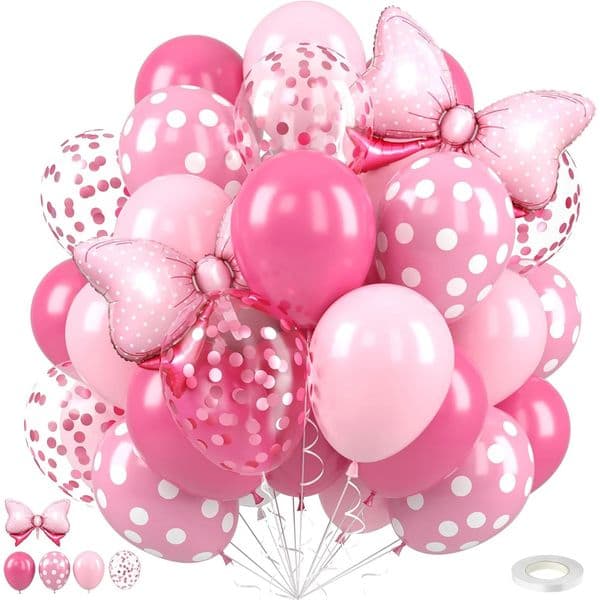 31Pcs12inch Pink Bow Balloons Rose Dots Foil Balloon and Confetti with Ribbon Girls Birthday Baby Shower 260325