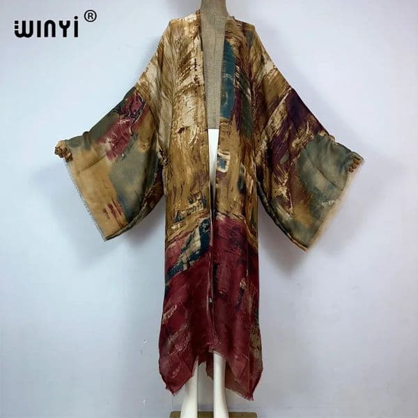 WINYI kimono Oil print Bikini Cover-up Elegant beach outfits for women sexy cotton feeling vestidos para mujer dress kaftan260316BJ