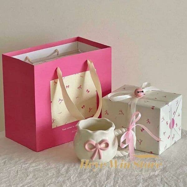 Irregular Pink Bow Ceramic Handmade Cup Home Coffee Breakfast Milk Mug Birthday Gift New 26Y0326