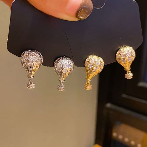 Silver Needle Ladies' Festival Earrings Zircon Round Hot Air Balloon French Sweet Simple Light Luxury Niche High-End Earrings Wholesale