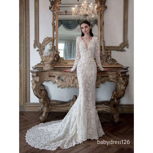2026 New Vintage Lace Mermaid Wedding Dresses For Sexy V Neck Chapel Plus Size Long Sleeves Bridal Party Bride Gowns Backless Court Train Vestidos De Novia 403 ZD19