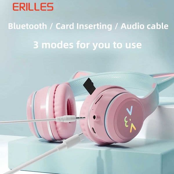 GRB Glow Gaming Headset Gamer Stereo Bass Cat Ear Wireless Earpods Bluetooth Earphones TYPE-C Cable Headphones Blutooth HandfreeT260306
