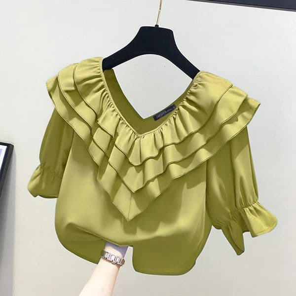 ZANZEA 2026 Summer Ruffled Blouse Women Solid Vintage 34 Sleeve VNeck Chemise Office Chiffon Shirts Casual Loose Stylish Tops 260326