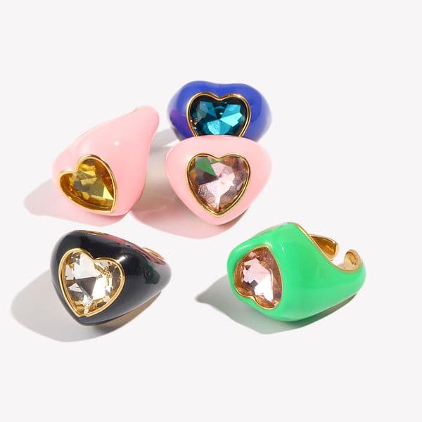 New Trendy Y2K Women's 18K Gold Plated Stainless Steel Ring Chunky Stackable Hearts Diamond Crystal Drip Oil Enamel Parties