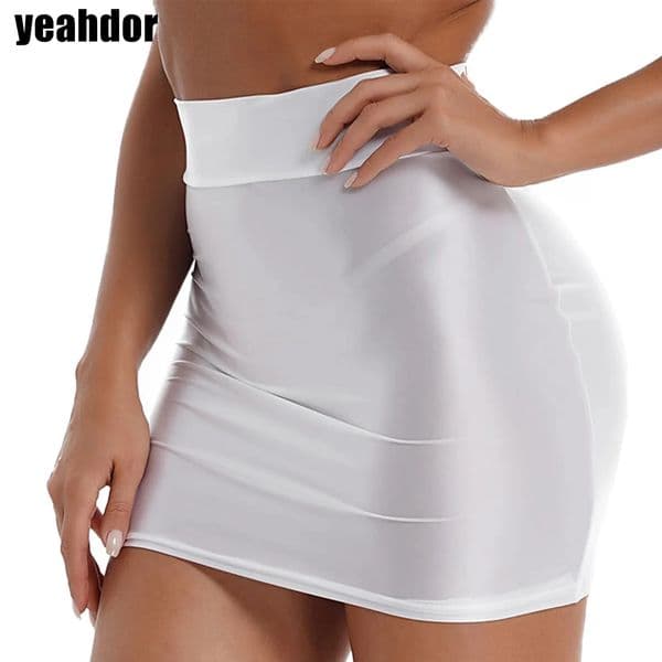 Women Casual Pencil Skirt Solid Color High Waist Elastic Waistband Glossy Miniskirt 260323