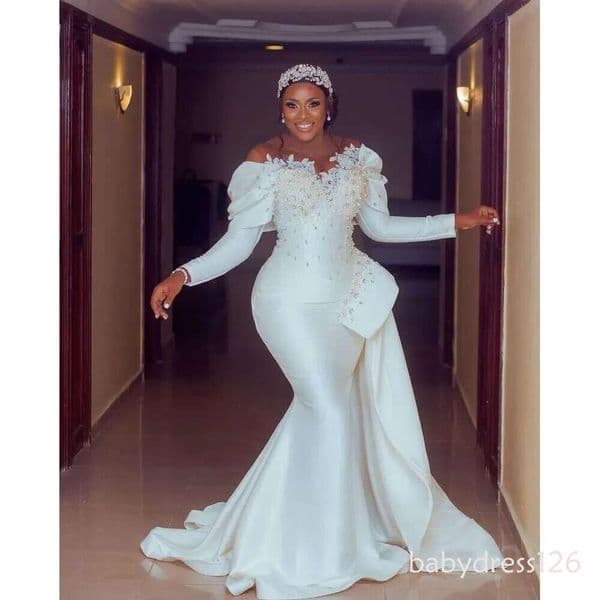 Aso Arabic Ebi Ivory Mermaid Wedding Dresses For Women Lace Pearls Beaded Crystals Sexy Bridal Gowns Vestidos Femenino ZD19