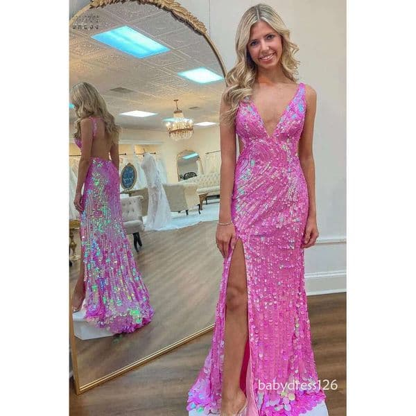 Shinny Fuchsia Sequined Evening Dresses Sexy V Neck Pink Sequins Prom Dress with Backless Sleeveless Design and High Slit Women Formal Occasion Gala BC19576F09 ZD19
